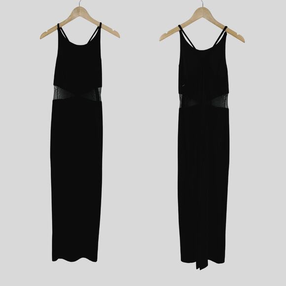 90s Vintage Betsy & Adam Black Sheer Mesh Cut Paneled Gown - Picture 7 of 7